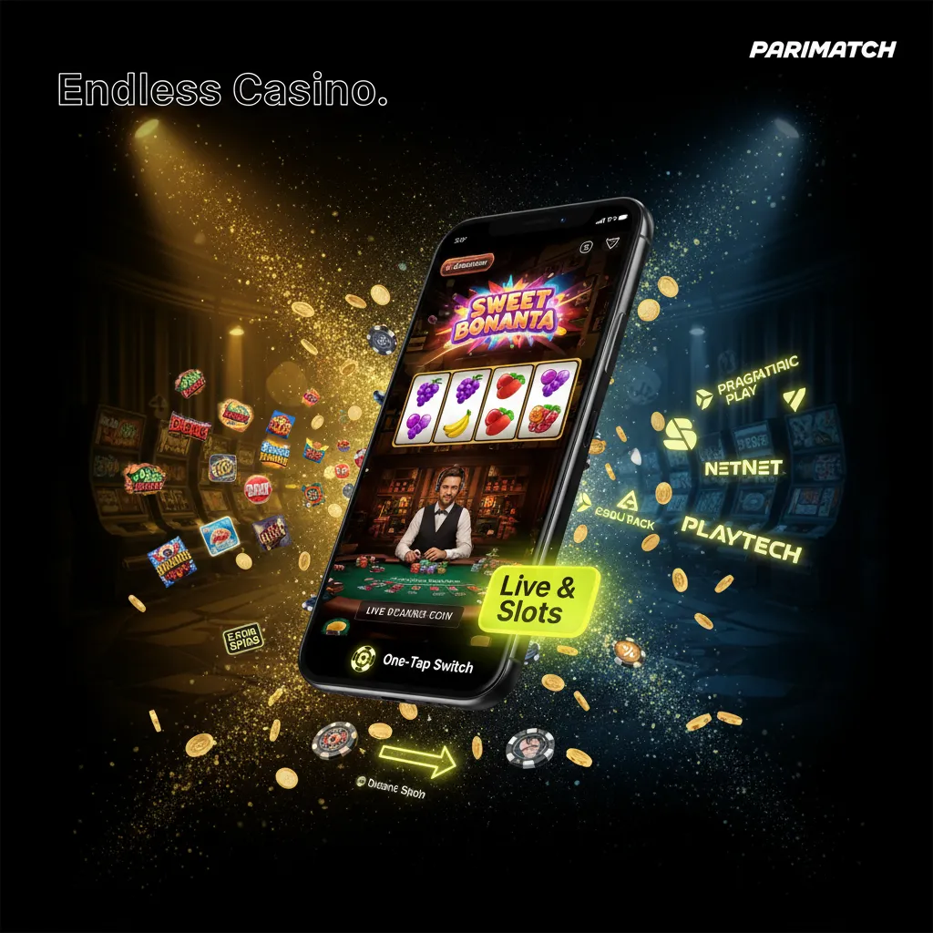 Parimatch Casino mobile app with slots, live dealers: roulette and blackjack, studio logos, and Promotions for extra spins