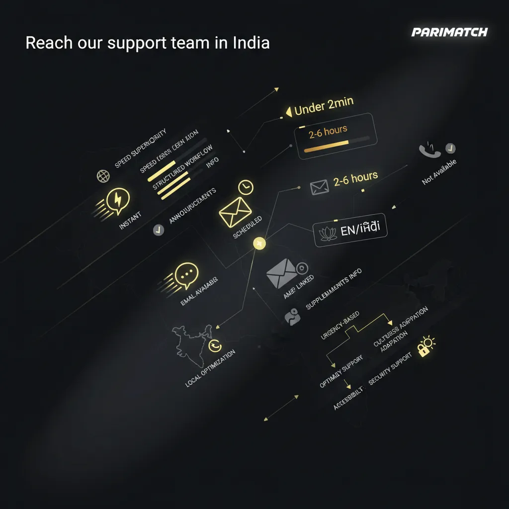 Parimatch India support: live chat, email, messengers, social. No phone. English/Hindi. Replies: <2 min chat, 2-6h email.