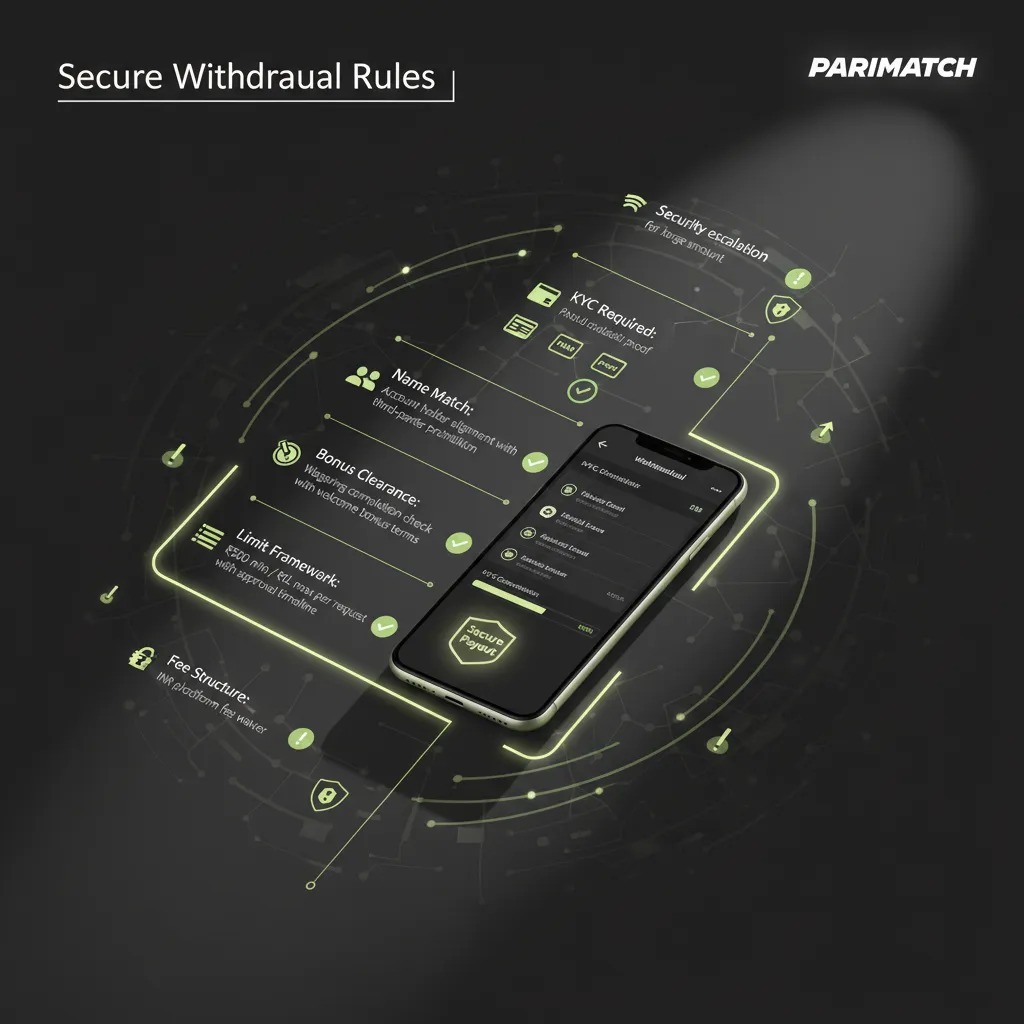 India payout rules — KYC with PAN/Aadhaar, matching account, wager bonuses, INR 500–1,00,000, up to 24h review.