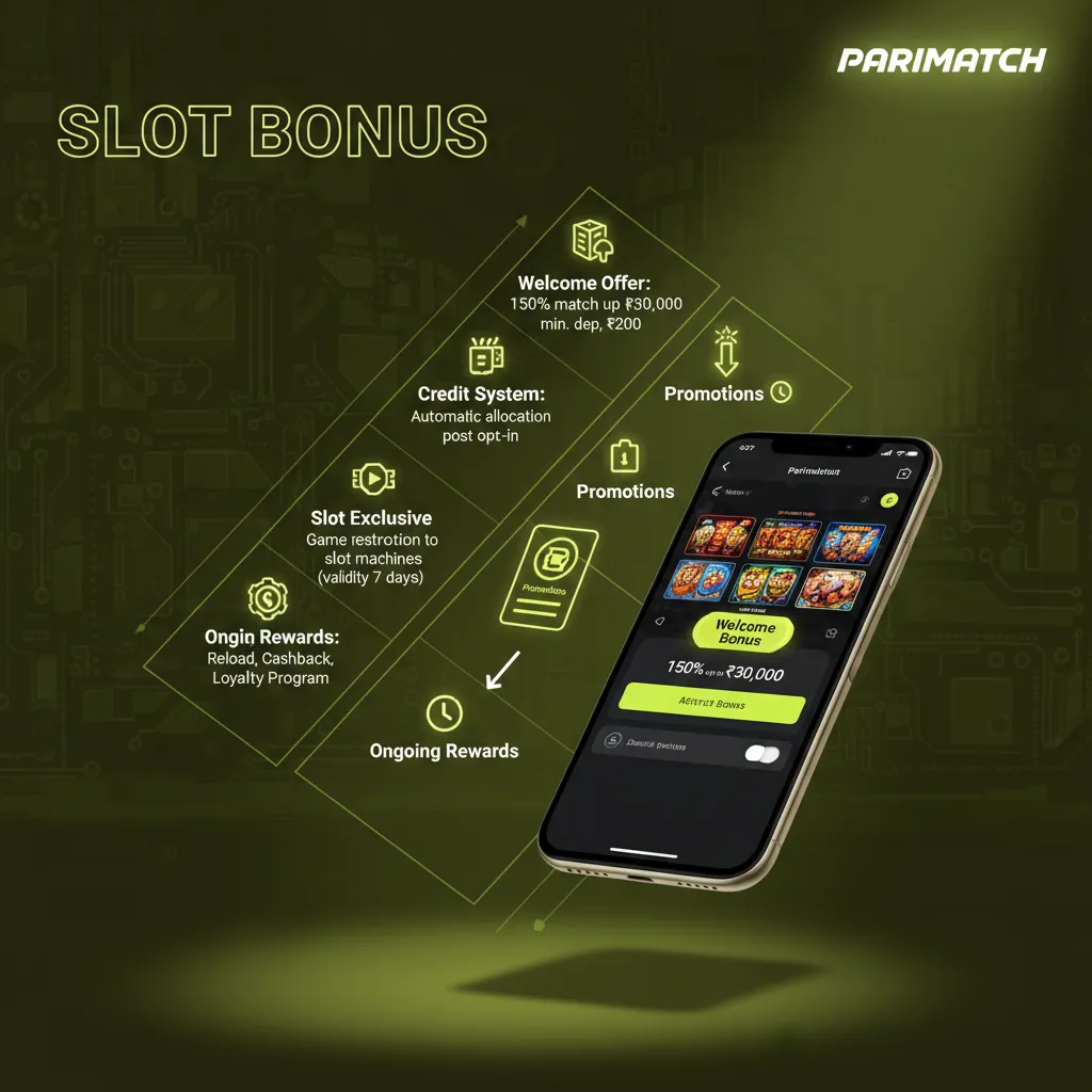 Slot bonuses: 150% welcome up to ₹105,000 for slots, min ₹200 deposit, opt-in; ongoing reloads, cashback, loyalty