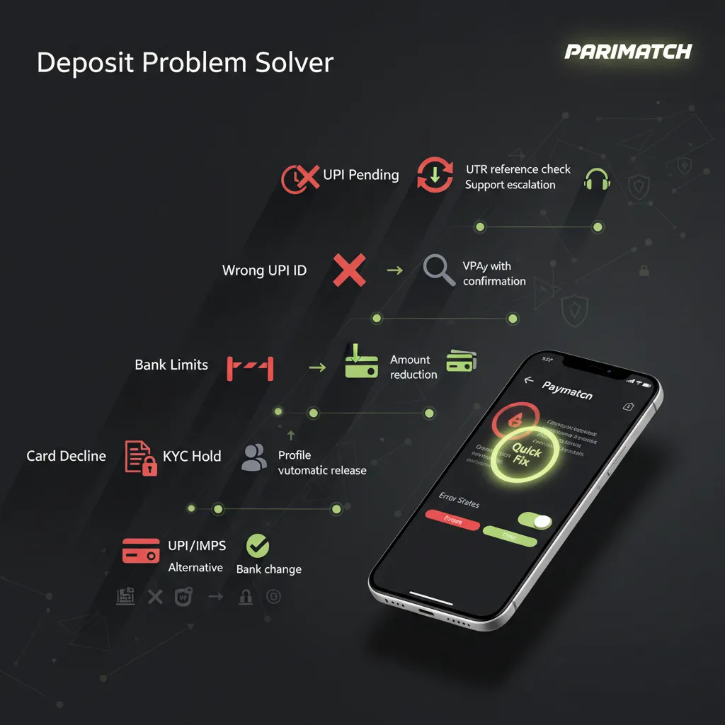 Fixes for delayed or declined deposits: pending UPI, wrong VPA/QR, bank limits/2FA, KYC hold, card blocked