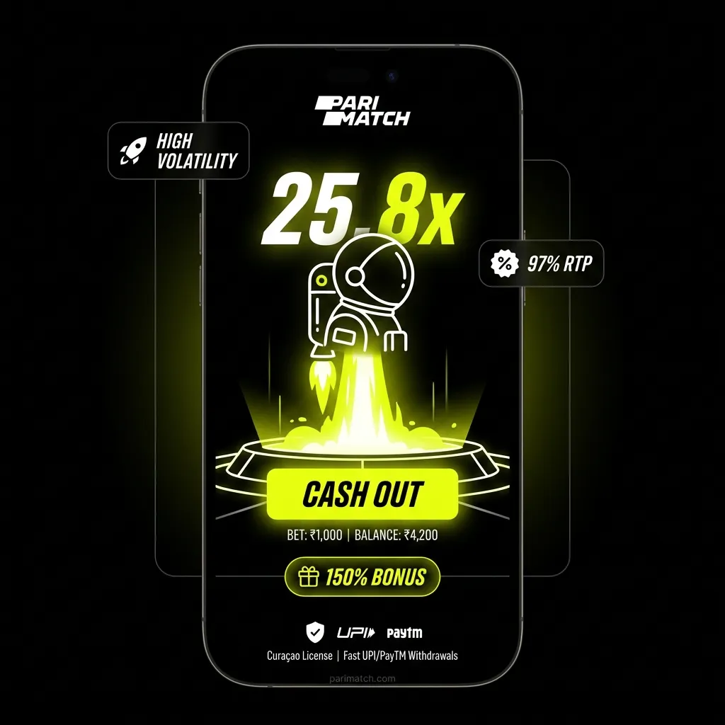 Astronaut crash game on Parimatch - 150% bonus, 97% RTP, and UPI payments for India
