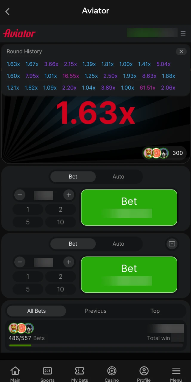 The top panel displaying the latest multiplier results from recent Aviator rounds on Parimatch.