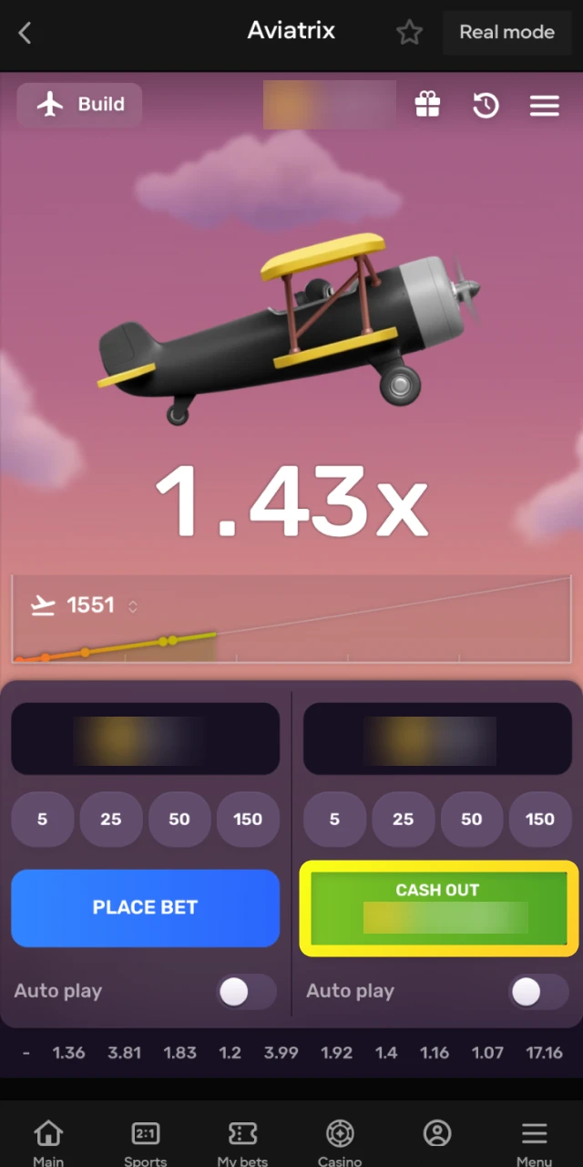 Start the game round and press cash out at the right moment to secure your winnings in Aviatrix.