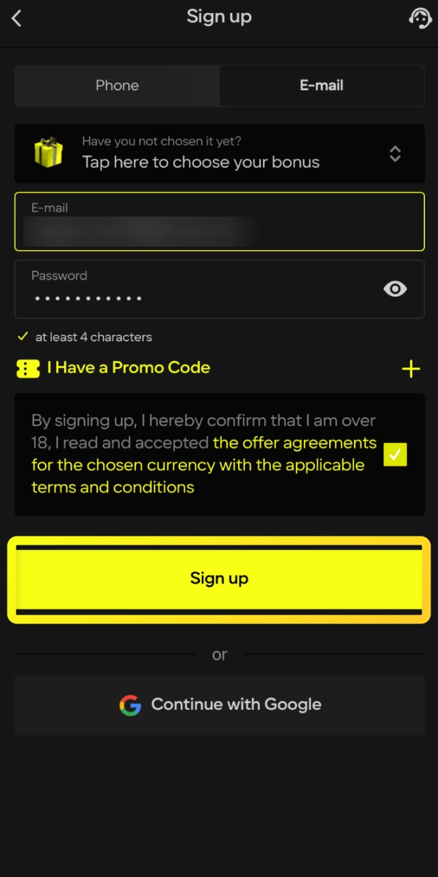 Start by creating and confirming your new account on Parimatch to play Aviatrix.