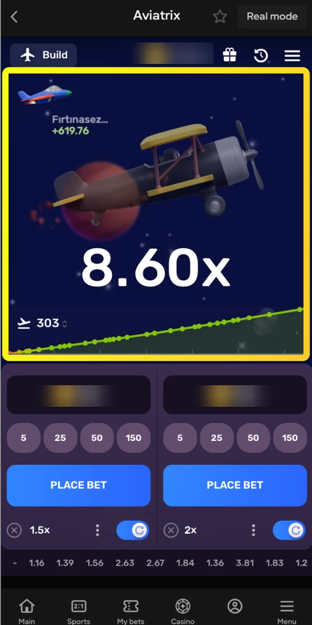 View the dynamic multiplier and plane graph during an active Aviatrix round on Parimatch.