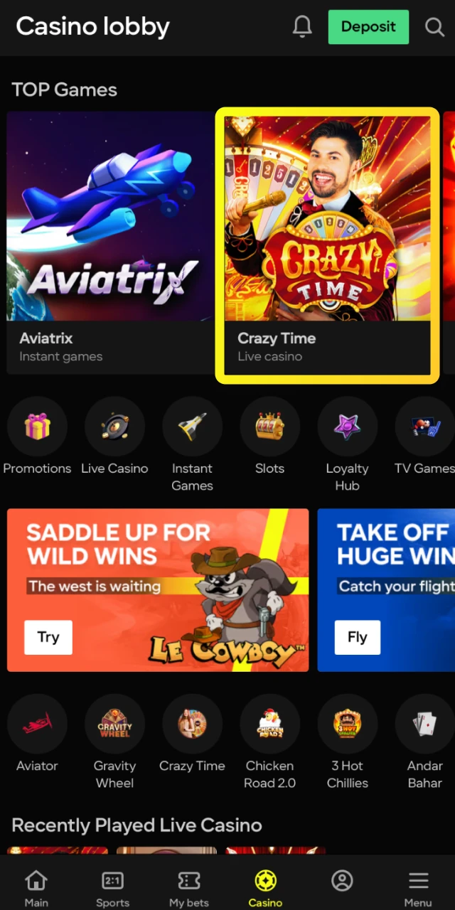 Find and launch the Crazy Time live game show from the casino section on Parimatch.