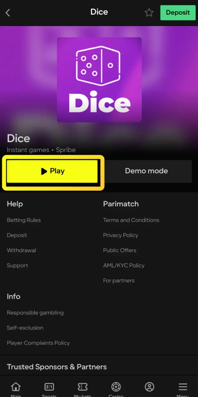 Locate and launch the Dice game from the casino section on the Parimatch platform.