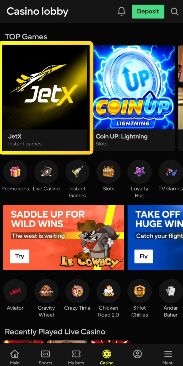 Find and launch the JetX game from the instant games section on the Parimatch platform.