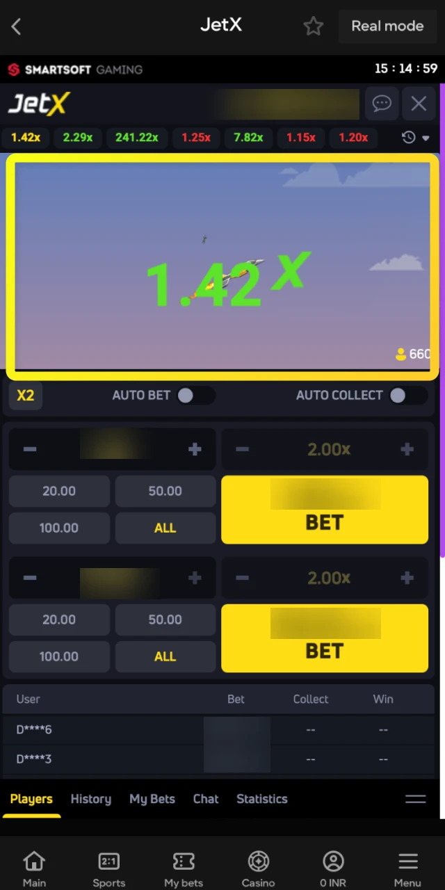 The real-time graph showing the rising multiplier curve during a JetX game on Parimatch.