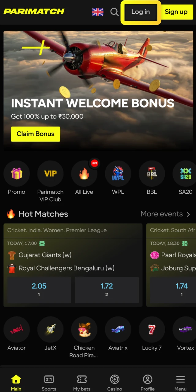 Launch the Parimatch mobile application and tap the login button to access your account.