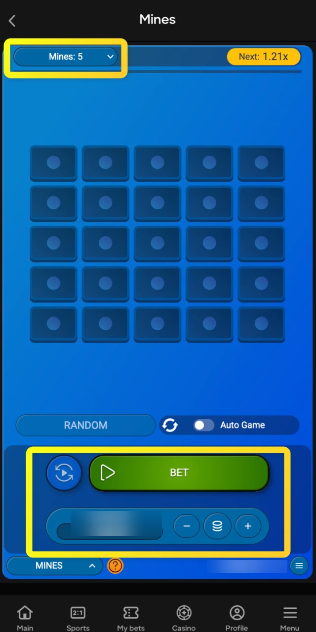 The betting interface for setting your stake and mine count before starting a round in Parimatch Mines.