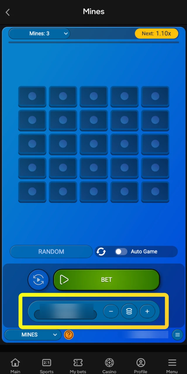 Configure your initial bet amount before starting a Mines round on the Parimatch platform.