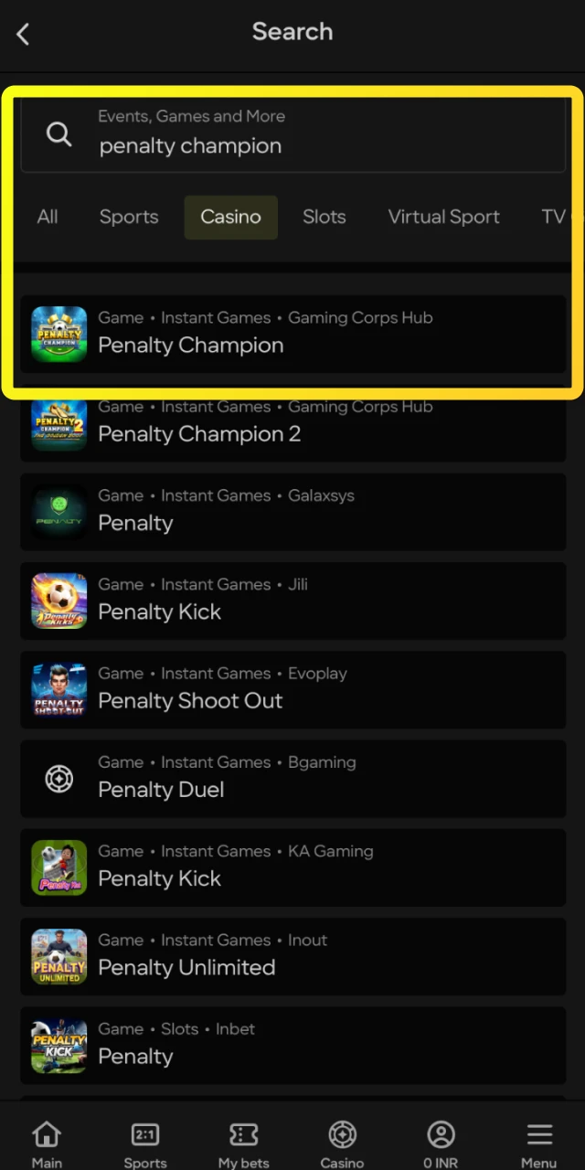 Find and launch the Penalty Champion game from the casino section on the Parimatch platform.