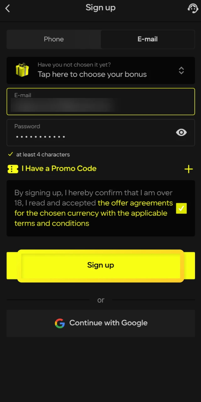 Fill out the registration form to create your new account for playing Penalty Champion on Parimatch.