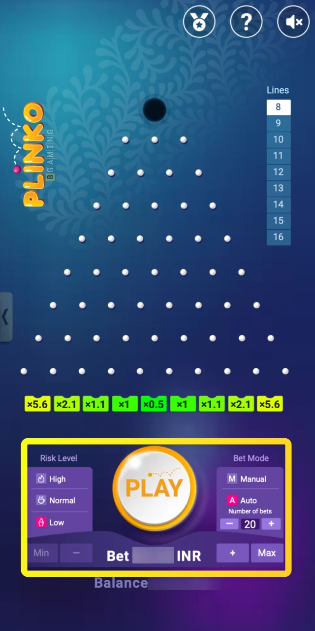 The settings panel for enabling automatic or turbo game modes in Plinko on Parimatch.