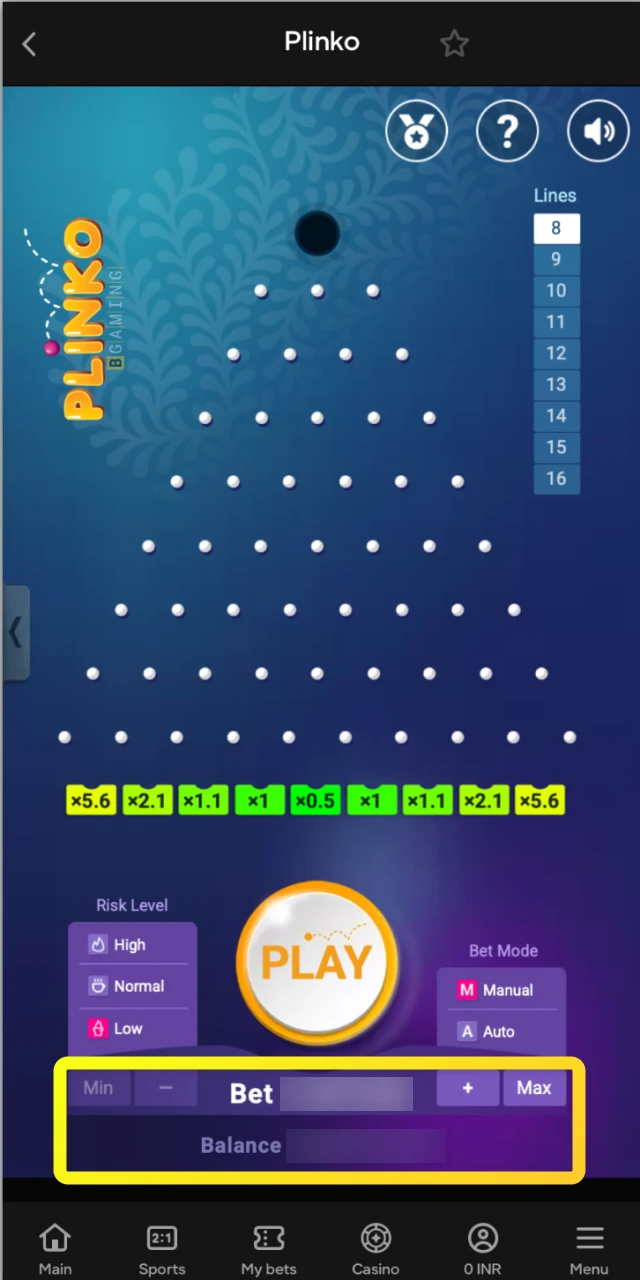 Adjust your bet amount and select a bet step that suits your budget in the Plinko game.