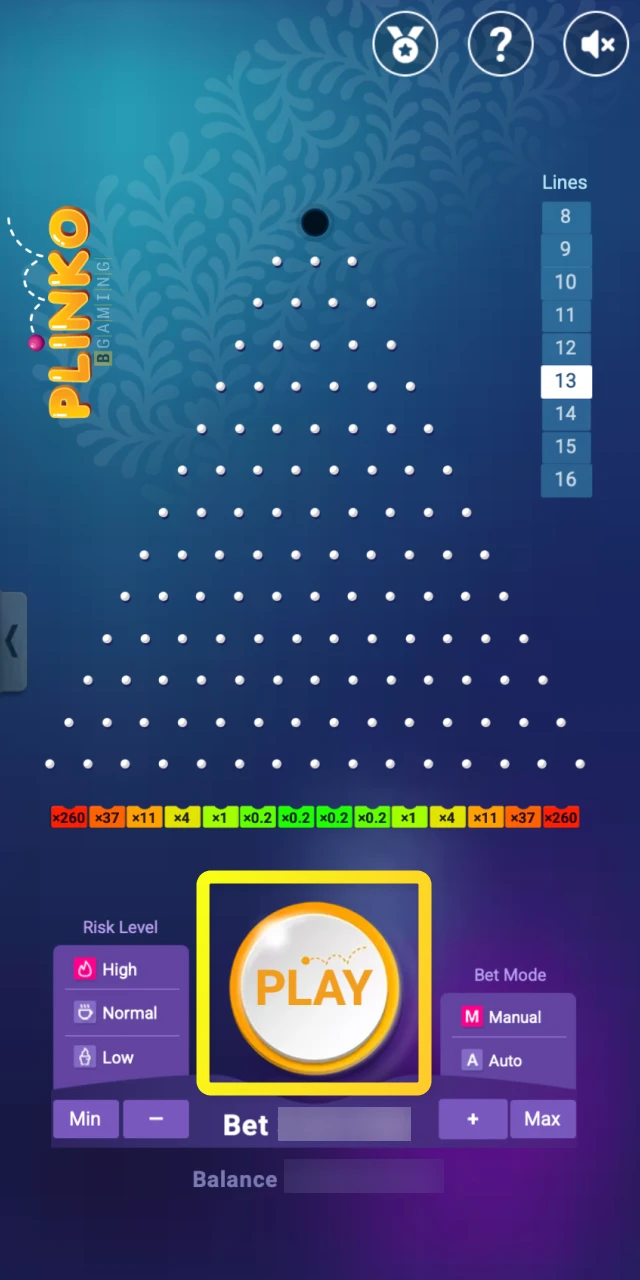 Press the play button to initiate a new round and release the ball in Plinko.