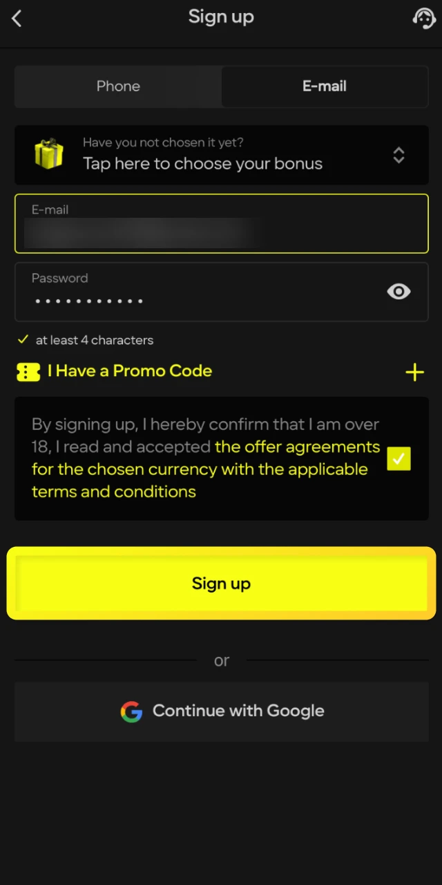 Create your new player account on the Parimatch platform to become eligible for bonuses.