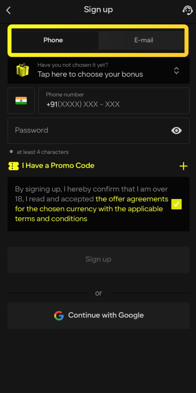 Select your preferred sign-up method, such as phone, email, or social media, in the Parimatch app.