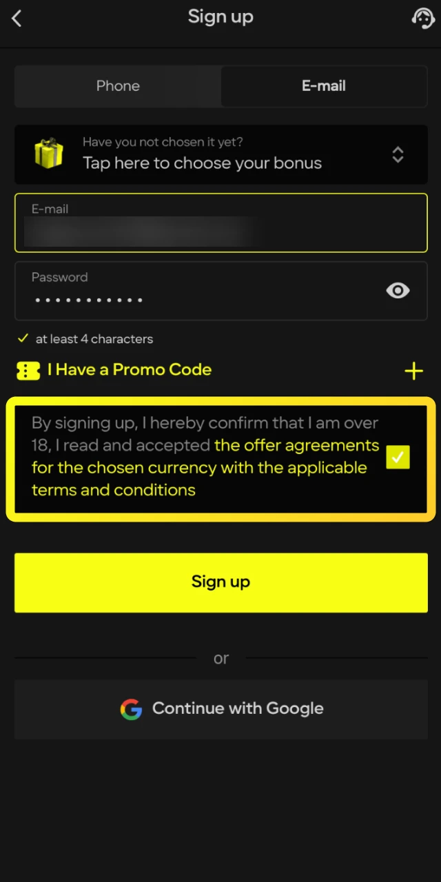 Confirm you are of legal age and accept the platform's terms and conditions to proceed on Parimatch.
