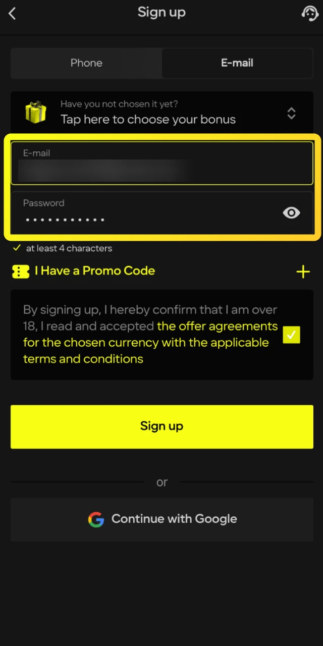 Enter your personal details, create a password, and set your currency to INR on Parimatch.