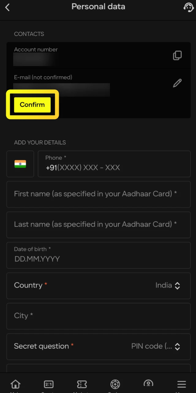 Confirm your registered email and phone number by entering the OTPs sent by Parimatch.