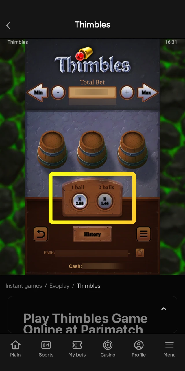 Choose your gameplay mode by selecting the number of balls in the Thimbles game on Parimatch.