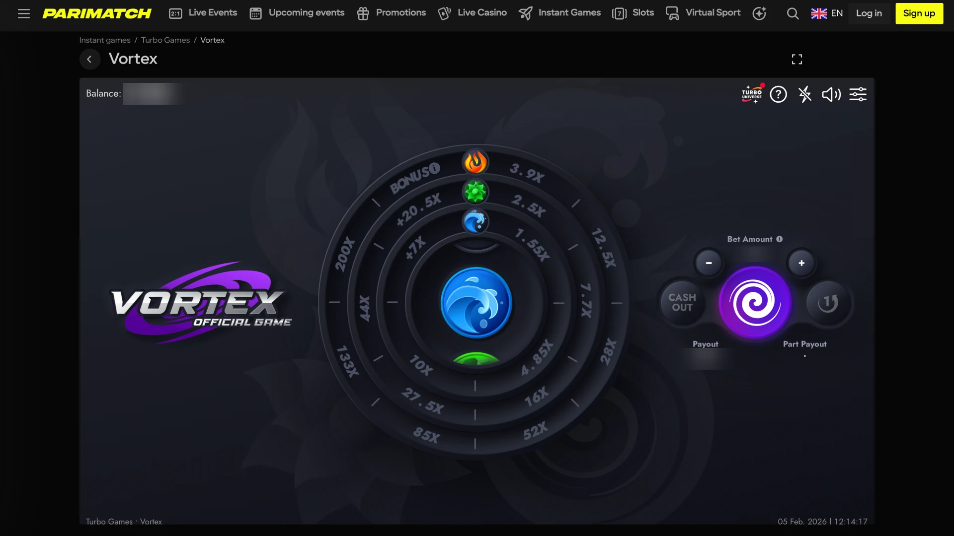 The main gameplay interface of the Vortex game on the Parimatch platform.