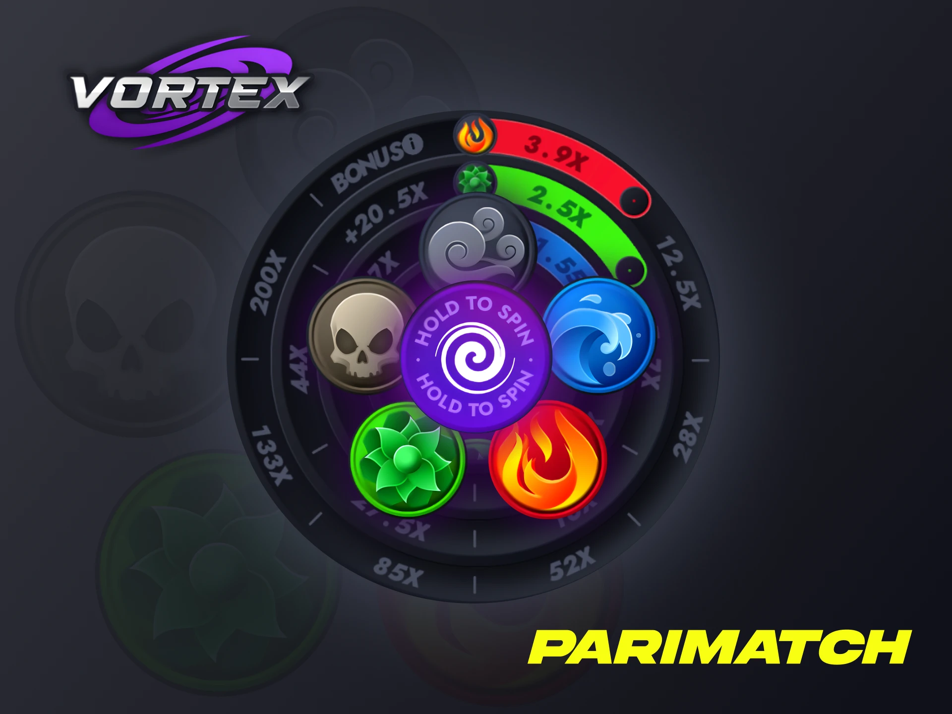 The complete set of symbols representing Fire, Earth, Water, Wind, and Skull elements in the Vortex game on Parimatch.