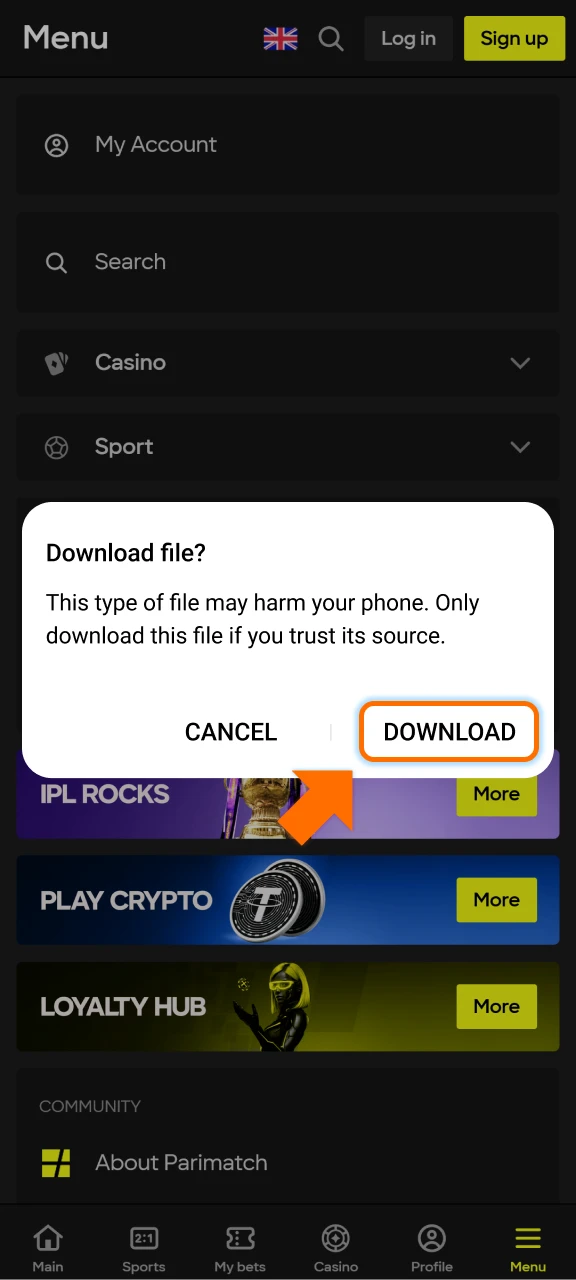 Click the download button to get the Parimatch Android application.
