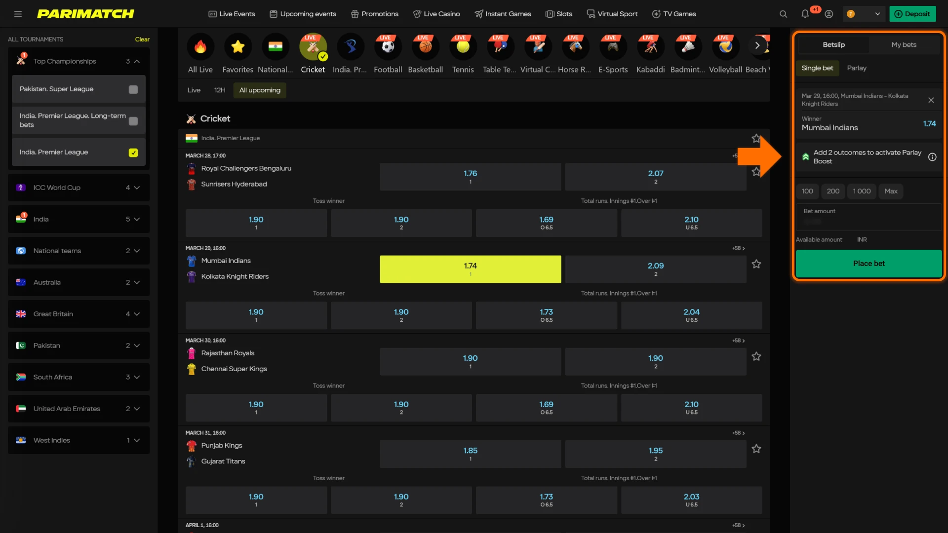 Select the most profitable odds to bet in the Parimatch App.
